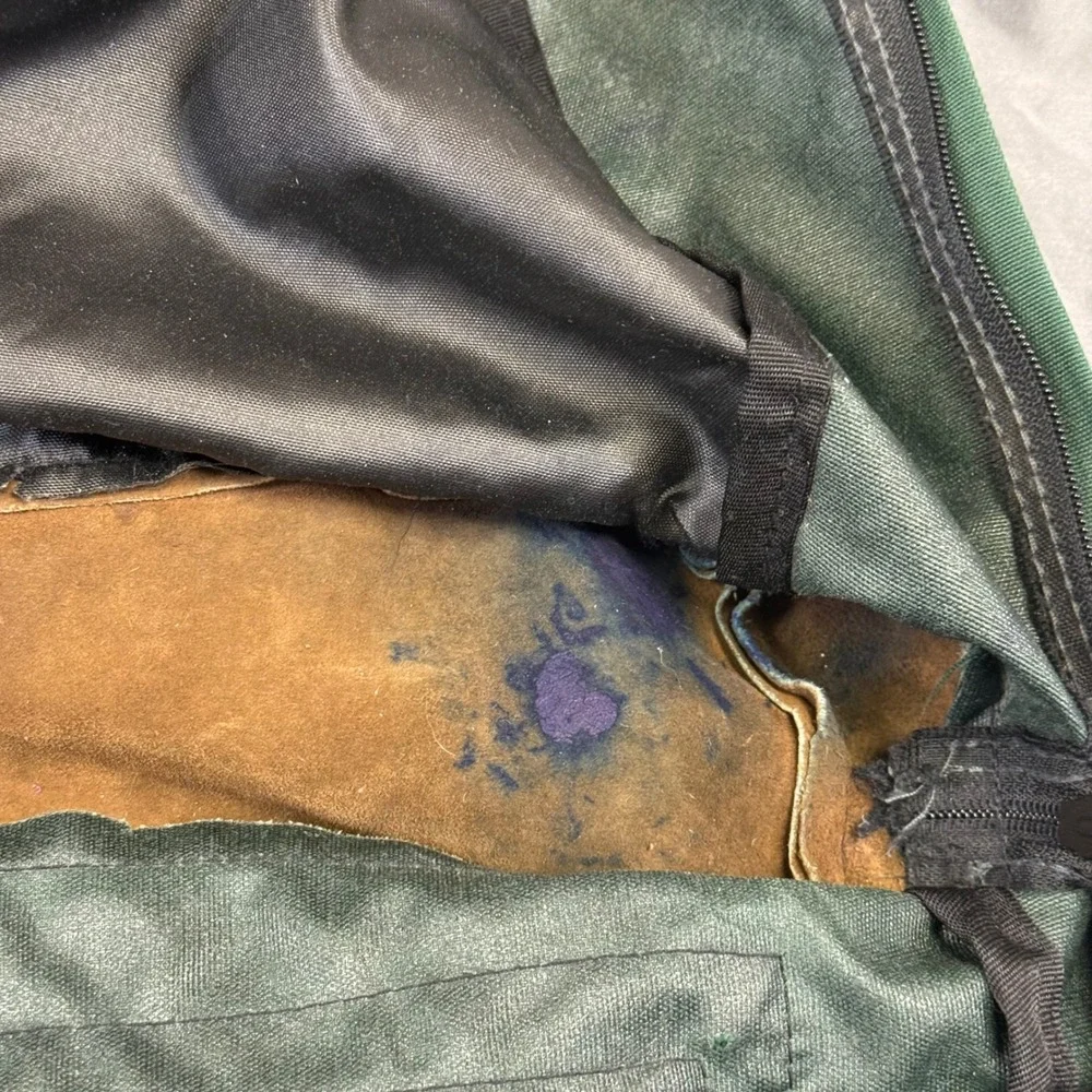 Vintage JanSport Backpack Green Canvas Brown Suede Leather Bottom School Bag